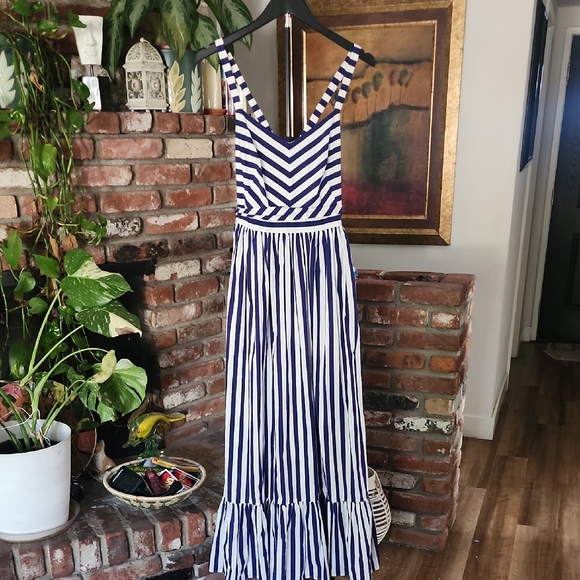 J.Crew Striped Maxi Dress Navy White Coastal Summer Vacation - Picture 2 of 16